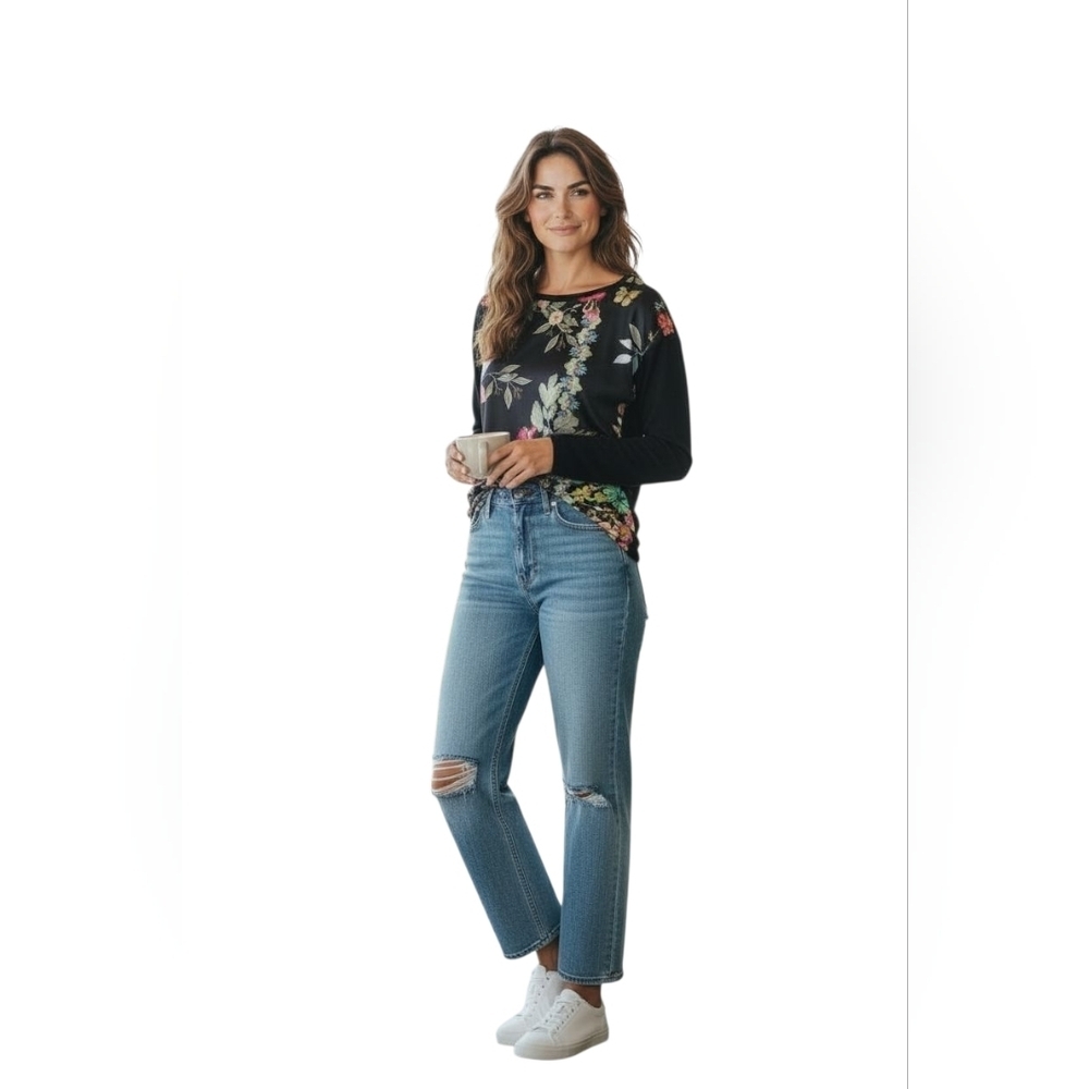 Women's Johnny Was Cashmere & Silk Long Sleeve Floral Black Pullover Top Blouse
